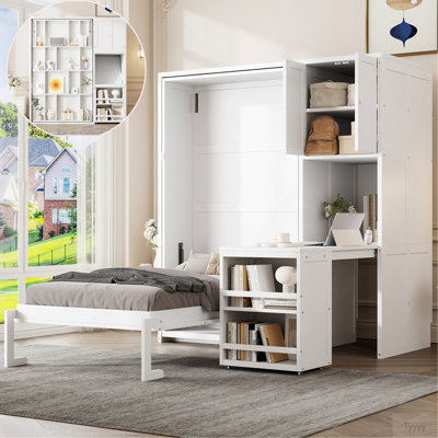 Lit escamotable mural rotatif avec bibliothèque, armoire supérieure, bureau extensible et rangement latéral