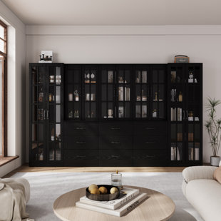 71"H X 157"W Bookcase With Glass Doors,Modular Modular Book Cabinet