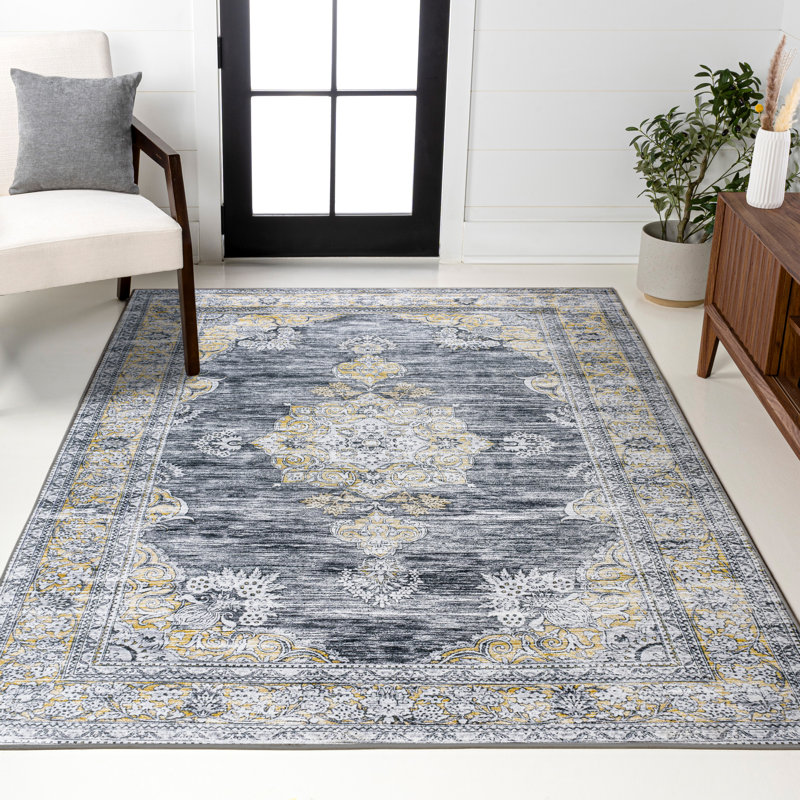 Gabryszek Bohemian Distressed Chenille Machine-Washable Dark Gray/Yellow Rug, Rectangle 2'11" x 5'