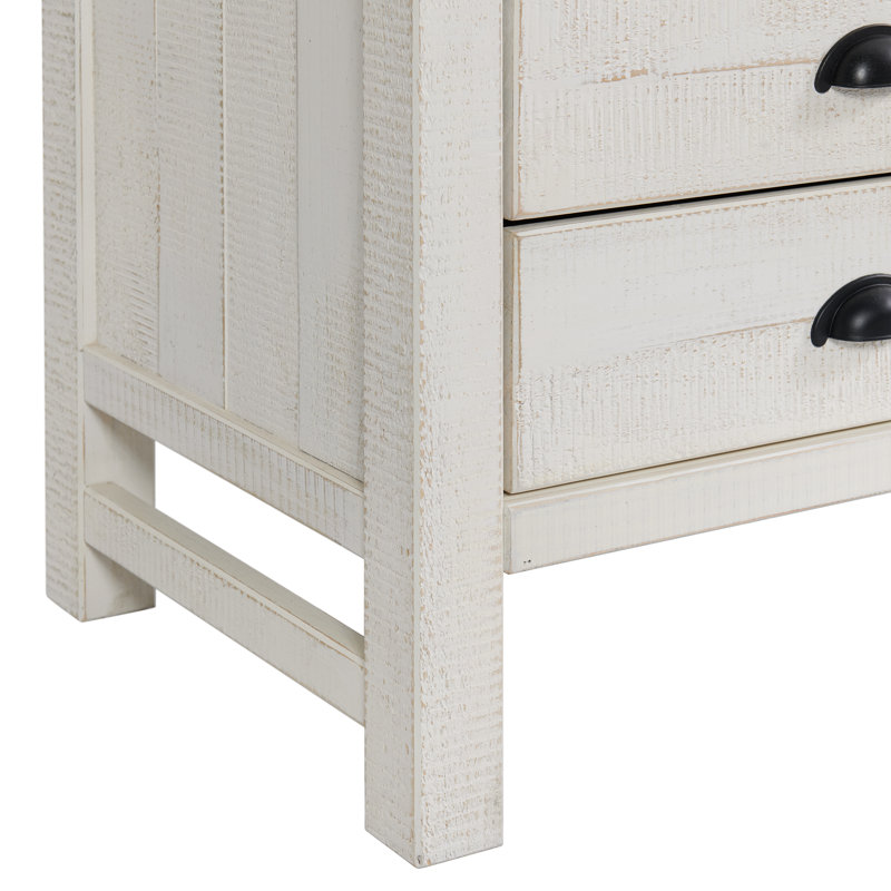 Petite table de chevet avec 2 tiroirs et tablette ouverte Windsor - Table de bout en bois massif de 25 po avec rangement pour le salon ou la chambre à coucher - Mobilier de chambre à coucher de style campagne moderne (bois flottant blanc)