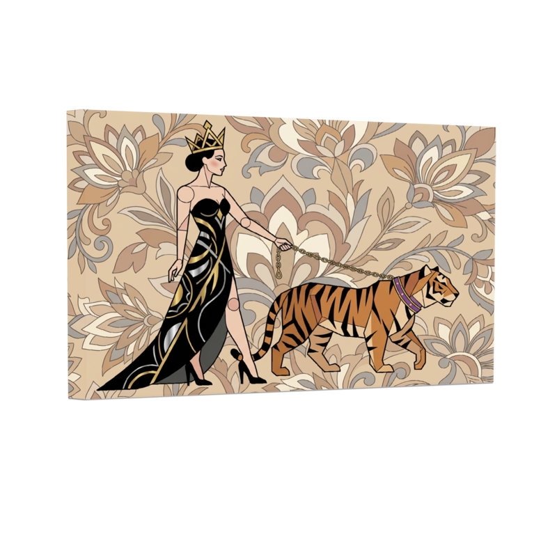 Animals Queen With Tiger On Leash Floral Background, 12" H x 18" W