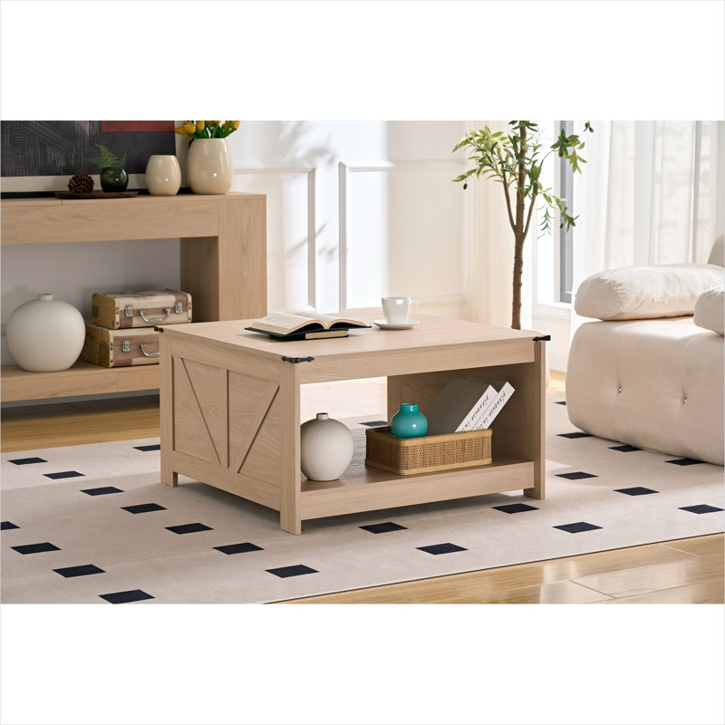Table basse carrée de style campagnard beige chaud avec rangement à deux niveaux, pratique pour le salon ou l'espace de réunion