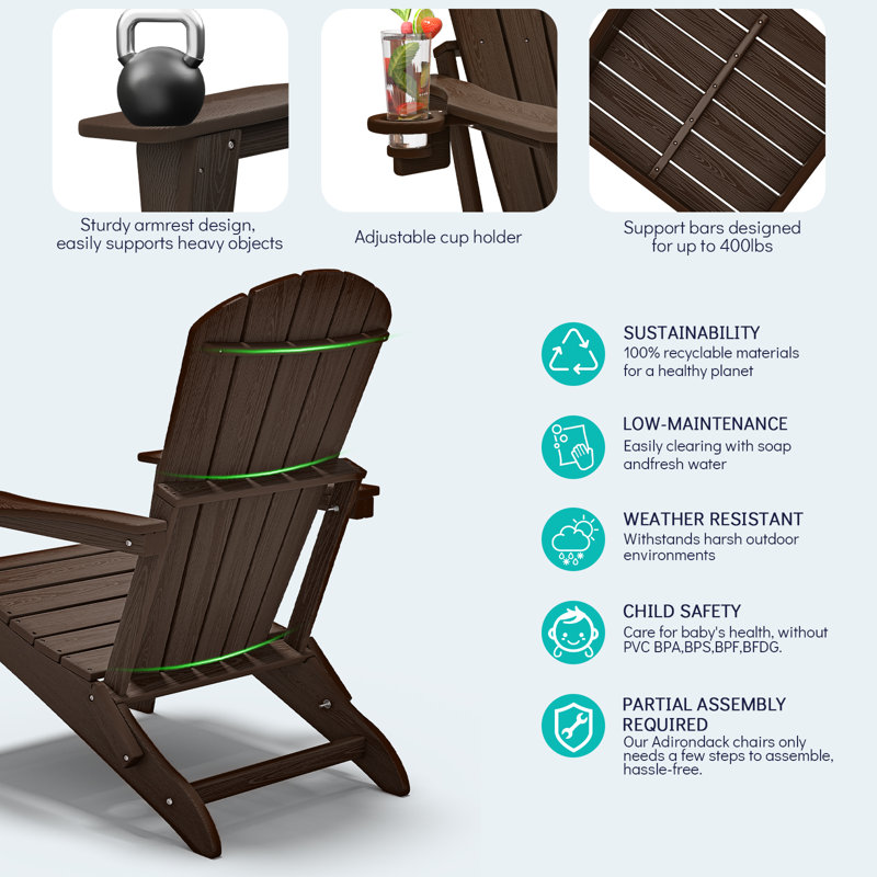 Folding Adirondack Chair, Wood Texture, Cup Holder, All-Weather HDPE for Poolside/Lawn, Coffee, Coffee