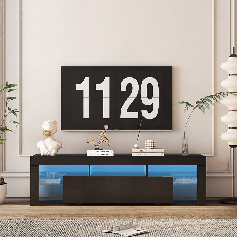 High Gloss TV Stand With LED Lights For Tvs Up To 65'', Modern TV Console With Storage Cabinets For Living Room, Black