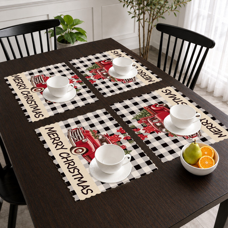 Ensemble de 4 napperons de Noël - Ensembles de table résistants à la chaleur, pour les repas à l'intérieur et à l'extérieur, motif de camion vichy rouge et noir