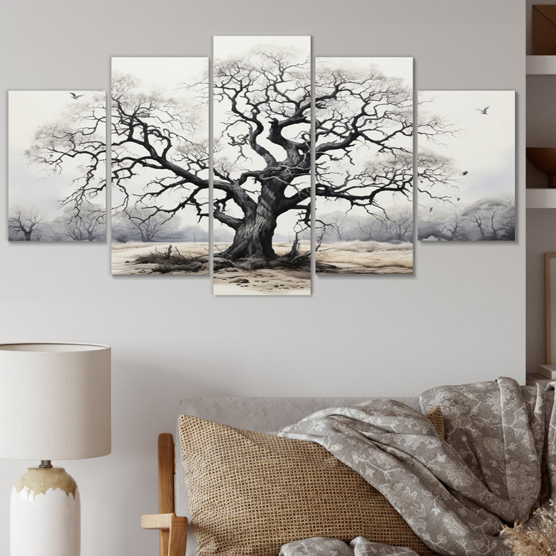 Grey Tree Silent Strength - Floral Canvas Wall Art - 5 Panels