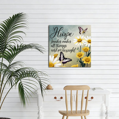 Citation «Hope» avec marguerites et papillons, cadre en bois intégré, 16 po x 16 po