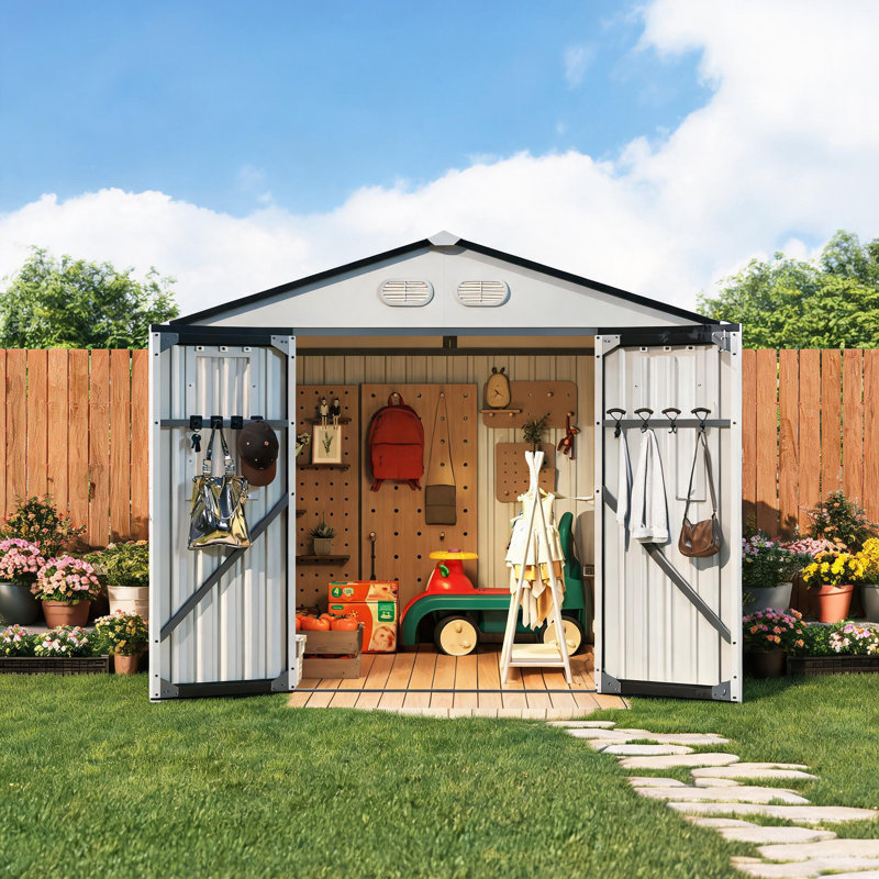 Abri de jardin en métal avec double porte verrouillable et fenêtres, blanc