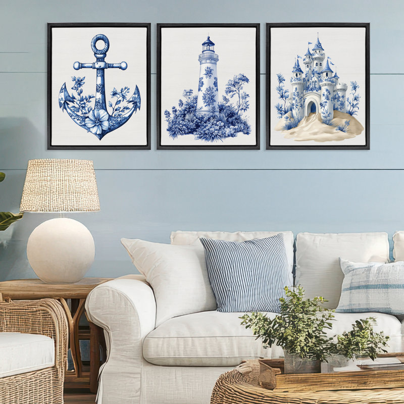 Ornate Nautical Toile Patterns 3pc Floating Frame Set, design by Lettered and Lined, Jet Black Floater Frame, 21" H x 17" W