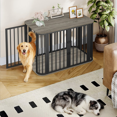  39.4'' L Dog Crate Furniture, Wooden Indoor Dog Kennel Cage | Decorative Dog Crate, Modern Pet House for S/M/L Dogs, Kennel End Side Table, Chew Proof, Greige