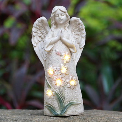Solar Angel Garden Statue With 6 LED Lights, 9.6 Inch White Resin Outdoor Decor, Praying Figure For Yard Patio Lawn Gift