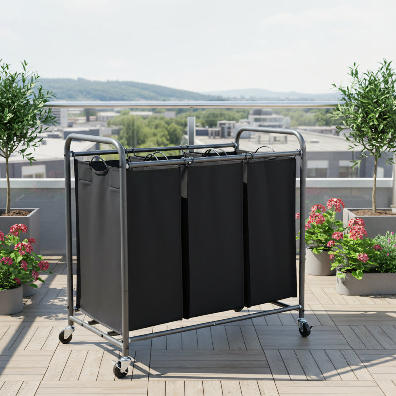 Black, Three-Compartment Clothing Sorting Basket Trolley, 35.9 Gallons (136 Liters) Capacity, Heavy-Duty Lockable Wheels + Removable Bags.