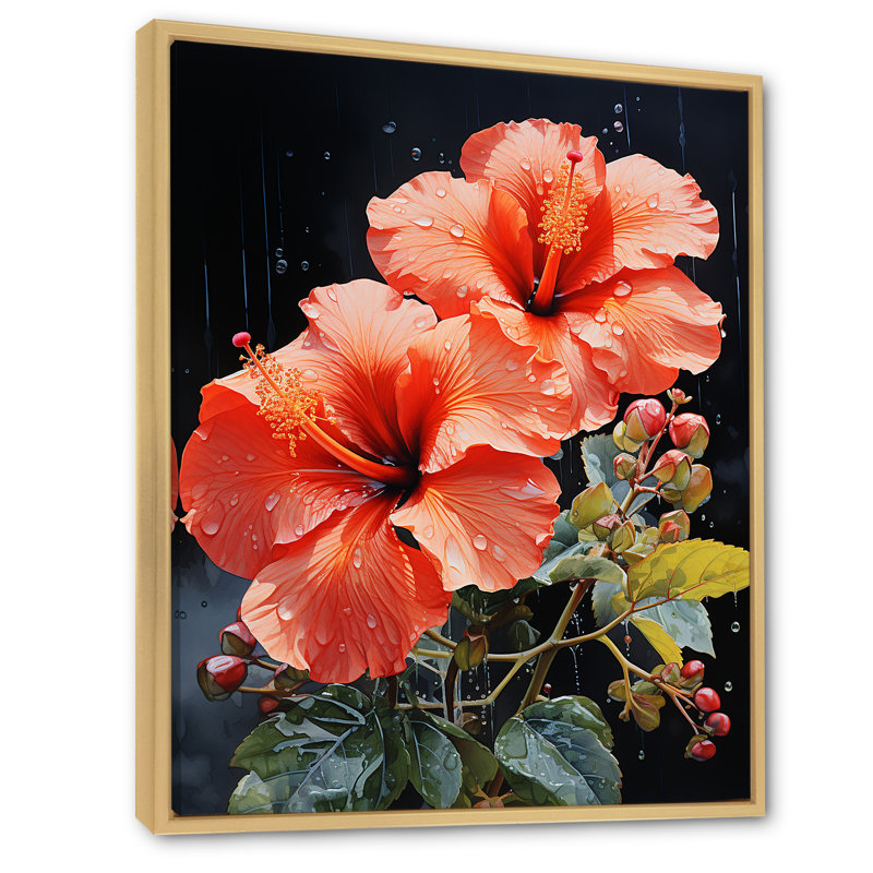 Hibiscus tropical - rose, Cadre flottant brun, H 44 po x l 34 po x P 1,5 po