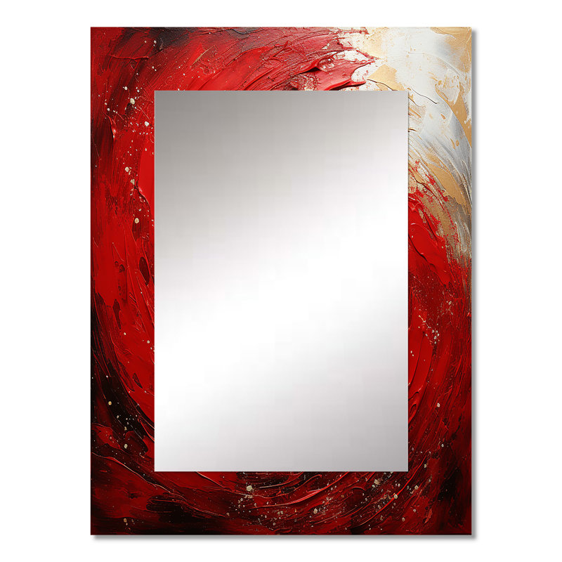 Red and Gold Whimsical Whirl Spiral - Abstract Spirals Unique Wall Mirror, Red, 32 po x 24 po