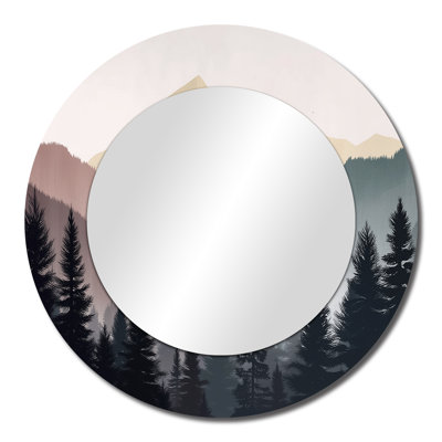 Morning Mist on the Mountain Horizons – Grey Lodge Round Accent Mirror, Metal Print