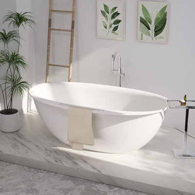 62.99'' x 33.46'' Solid Surface Stone Resin Tub Freestanding Soaking Bathtub with Towel Rack Shelf