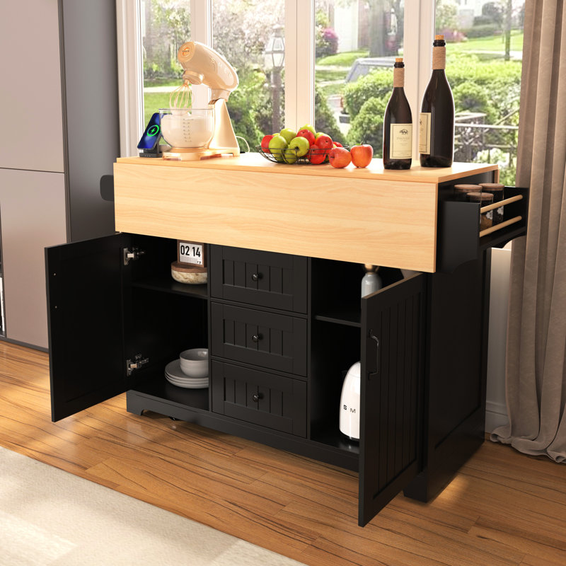 Grand îlot de cuisine de 55,7 po avec 2 abattants, chariot roulant, entrée d'alimentation, table de rangement pliante, 3 tiroirs, roulement à finition noire, douille, table pour manger et travailler,