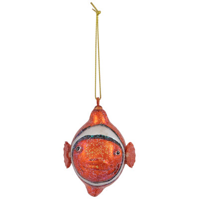 Ornement de Noël en verre scintillant poisson clown - 4,75 po - orange et blanc