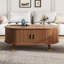 Table basse ovale cannelée en noyer, table de centre Mid-Century avec station de charge, porte tambour 360 °, pieds en bois massif pour les salons-963920099