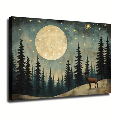 Tableau vintage représentant un cerf sous la pleine lune dans une forêt étoilée, grande toile tendue sur châssis, idéale pour le salon ou la chambre.