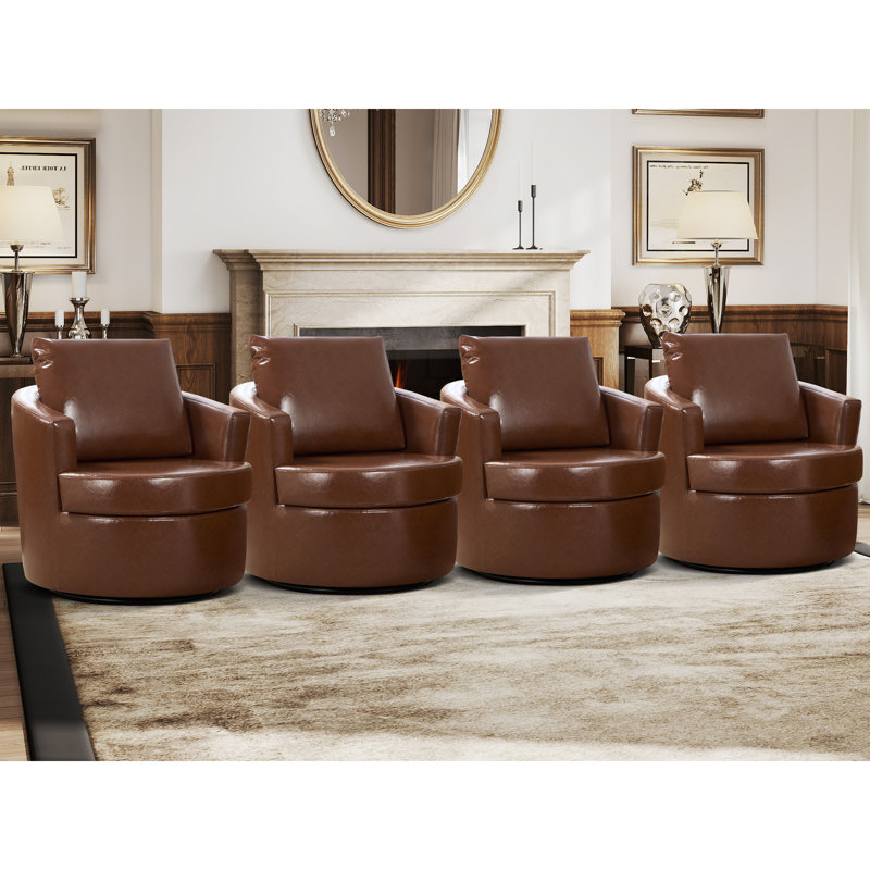 32.3'' Wide Modern Vegan Leather Upholstered Barrel Swivel Accent Chair with Curved Armrest (Set Of 4), Warm Brown