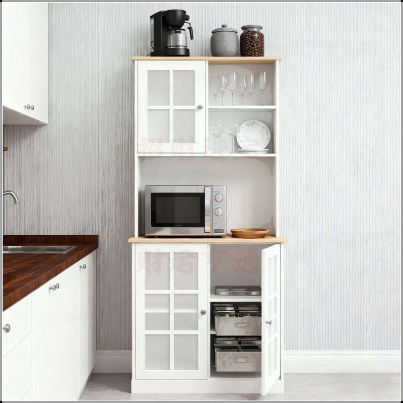 Grande armoire de cuisine de comptoir autoportante avec huche, portes en verre et tablettes réglables pour un rangement moderne