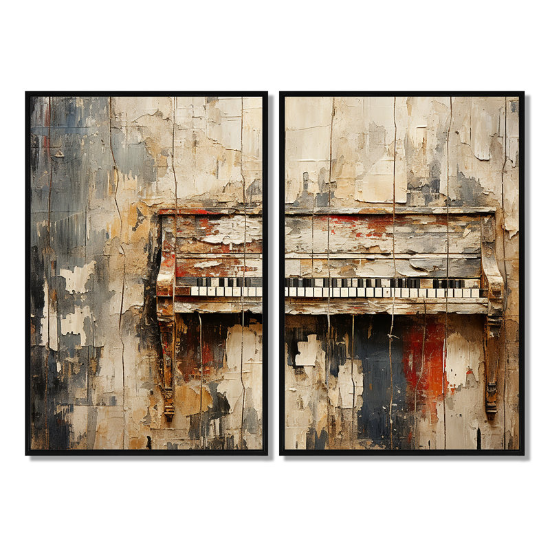 Rustic Brown Piano Melody I - art mural brun, H 36 po x l 48 po, Impression encadrée flottante, Noir