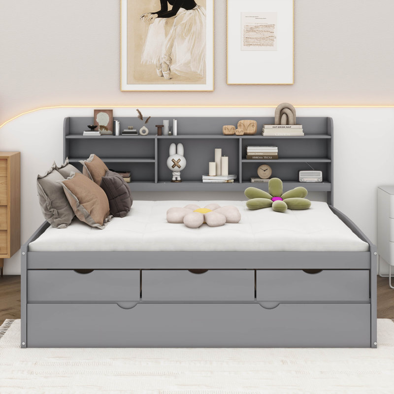 Lit capitaine double en bois avec tablettes intégrées, trois compartiments de rangement et lit gigogne escamotable