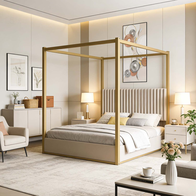 Lit plateforme à baldaquin Upholstery, parfait pour les chambres modernes et élégantes, Très grand lit, Beige