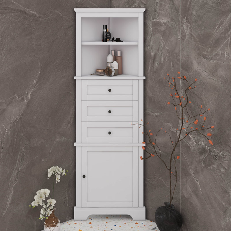 Armoire de salle de bain haute en coin avec portes, organisateurs triangulaires et rangement avec 3 tiroirs et tablettes réglables, armoire de toilette pour la salle de bain