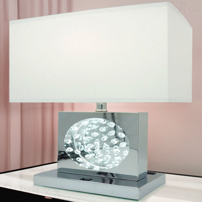 Lampe de table - 1 pièce de style luxueux, accent de cristal, finition nickel, lumière DEL, commande tactile, abat-jour rectangulaire