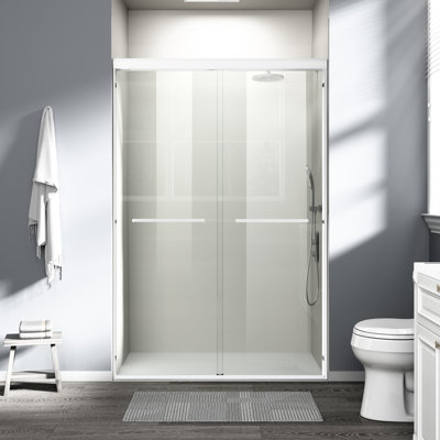 Porte de douche coulissante double de 44 à 48 pouces de large x 72 de haut avec verre trempé de 1/4 pouce de 6 mm, blanc, conception peu encombrante, porte de salle de bain à mouvement doux, coins tampons larges et conformes pour