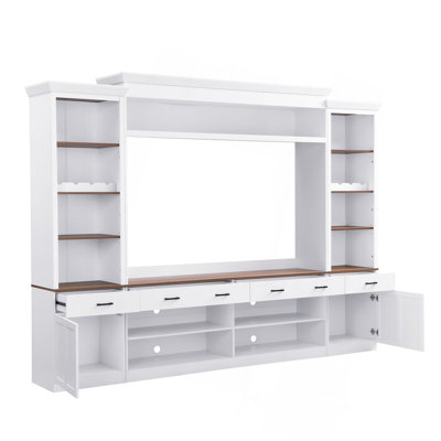 Farmhouse 4-Piece Entertainment Center With Bookshelf For Tvs Up To 70", Walnut TV Stand With Adjustable Shelves, Mid-Century Media Console With Wine Rack For Living Room