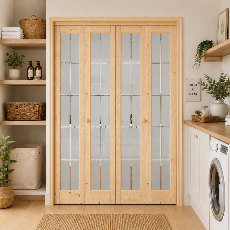 48 po x 80 po avec porte pliante double en verre clair et bois massif 48 po x 80 po avec quincaillerie d'installation Surface non finie