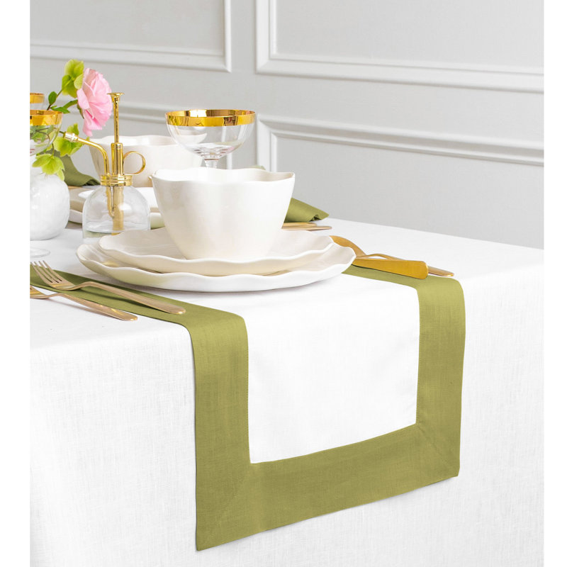 Contempo - 100% Pure Linen Table Runner, 120" x 14", Avocado/White