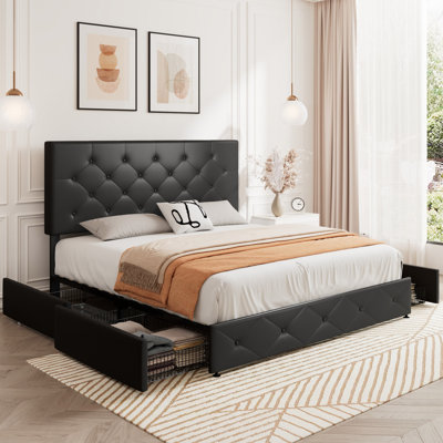 Vegan Storage Platform Bed with 4 Drawers and Adjustable Diamond Stitched Leather Headboard