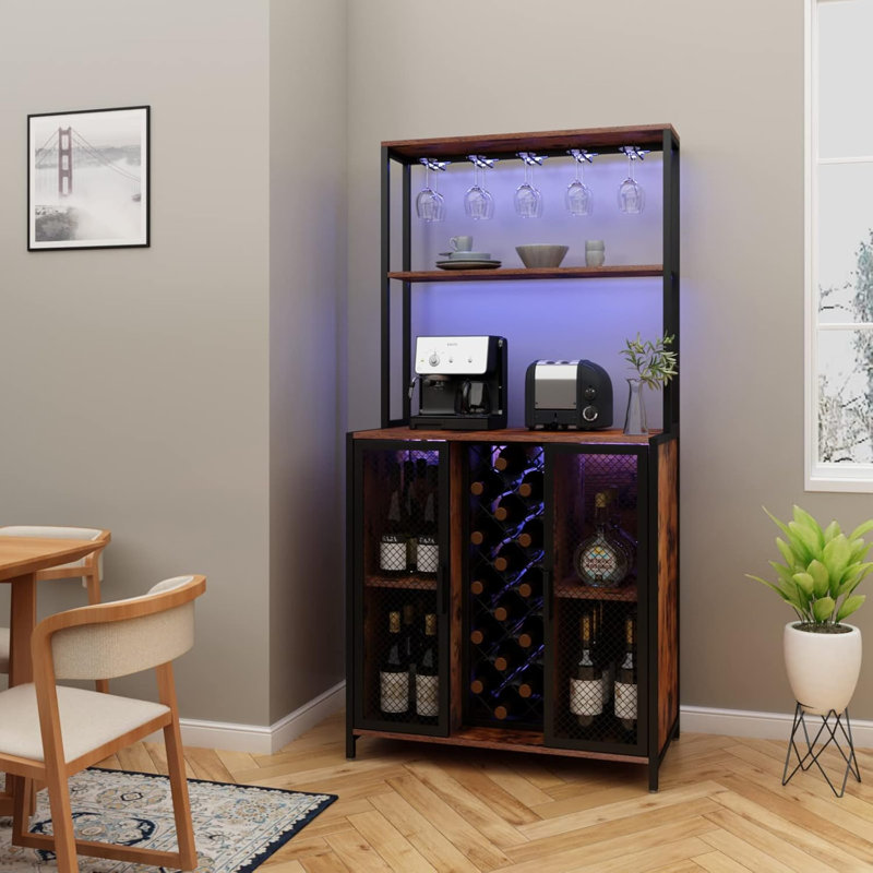 Armoire à vin avec lumières DEL, bar à café industriel à 5 niveaux, buffet avec tablettes réglables, table de bar avec rangement pour bouteilles de vin et fentes en verre pour boissons alcoolisées et verres, rustique