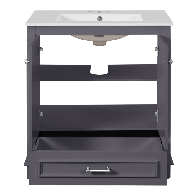 Meuble-lavabo de luxe 30 po avec lavabo en céramique, meuble-lavabo avec 2 grandes portes à fermeture douce, meuble de rangement en bois massif
