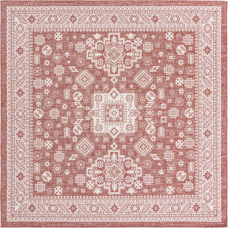 Tapis intérieur / extérieur rouge rouille en polypropylène tissé à la machine Archange, Carré 10 pi