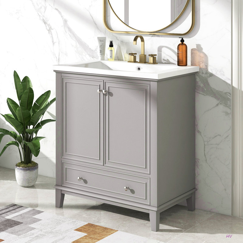 Ensemble de meuble-lavabo 30 po avec lavabo, armoire de salle de bain multifonctionnelle avec portes et tiroir, structure solide et panneau de fibres à densité moyenne