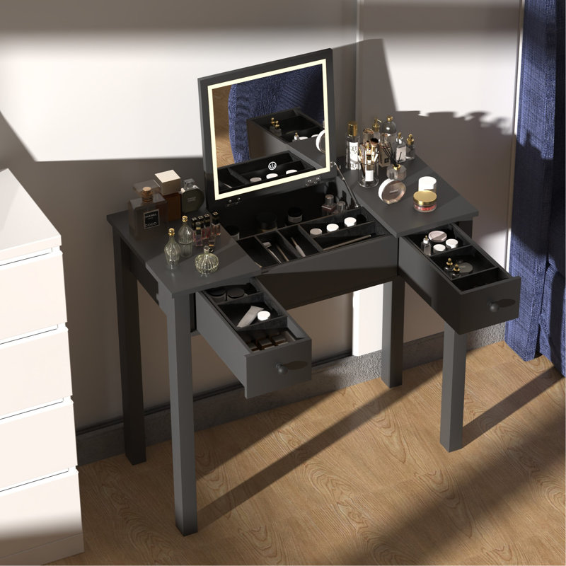Bureau de coiffeuse multifonctionnel avec éclairage réglable à 3 niveaux avec miroir rabattable et rangement Table de maquillage profonde 15,75 po 2 tiroirs et 3 boîtes de rangement amovibles Bureau de bureau compact noir