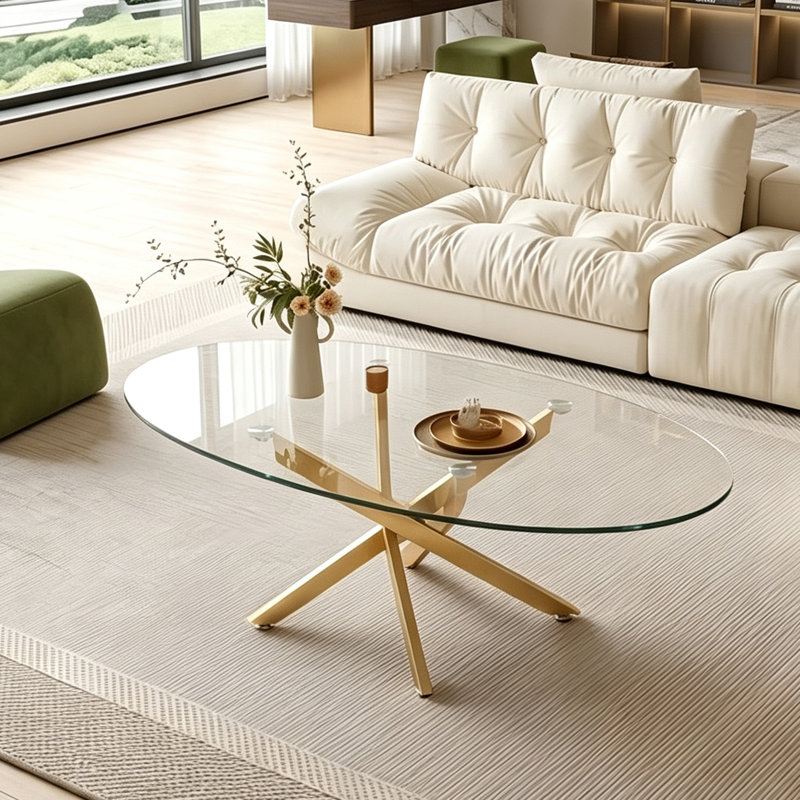 Table basse 39 po avec plateau en verre trempé et pieds en croix dorée 39 po
