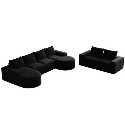 Modern L-Shaped Chenille Sectional With Chaise For Living And Bedroom, 4, Black, No Assembly Required, Double Cushion High Resilience Sponge Upholstered Cushions, Three Two Pillows, Neck Pillow Extra