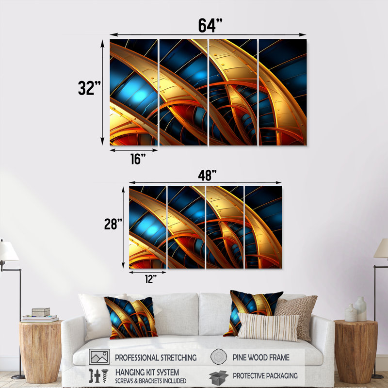 Décoration murale abstraite dorée et bleue - fractale, art mural 4 pièces, H 32 po x l 64 po