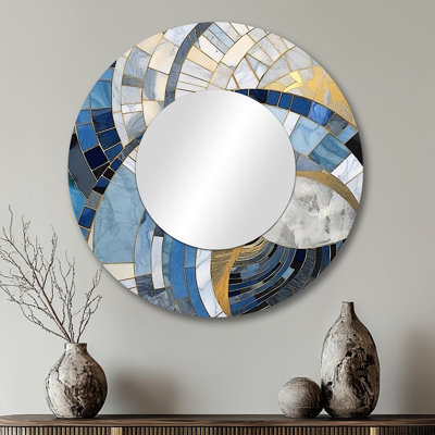 Gold Constructing Blue Realms I - grand miroir de formes abstraites, miroir mural décoratif rond moderne, impression d'art en métal