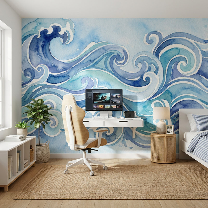 Décoration murale moderne aquarelle Ocean Waves, 100 po x 96 po, Non tissé non collé
