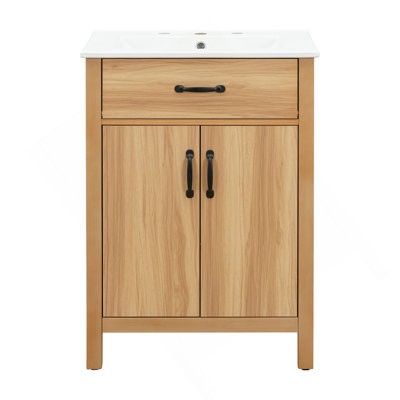 Meuble-lavabo 24 po avec cadre en bois, tiroir rabattable, 2 portes à fermeture douce avec rangement pour porte, tablette réglable et meuble-lavabo moderne