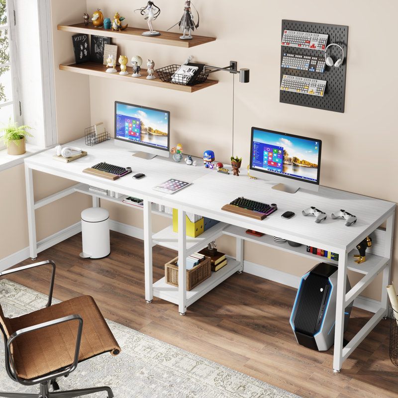 78.74" W Two Person Computer Desk with Bookshelf, Long Double Desk for Home Office, White