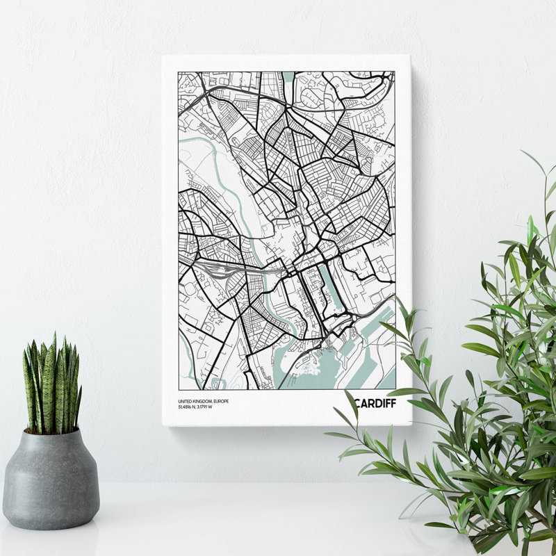 Map Cardiff UK - Wrapped Canvas Print, 91cm H x 60cm W x 3cm D