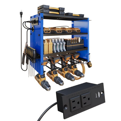 Support mural pour outil électrique avec multiprise, station de charge intégrée à 2 prises pour petits garages, support de perceuse en acier et rangement pour piles, 4 couches (bleu)